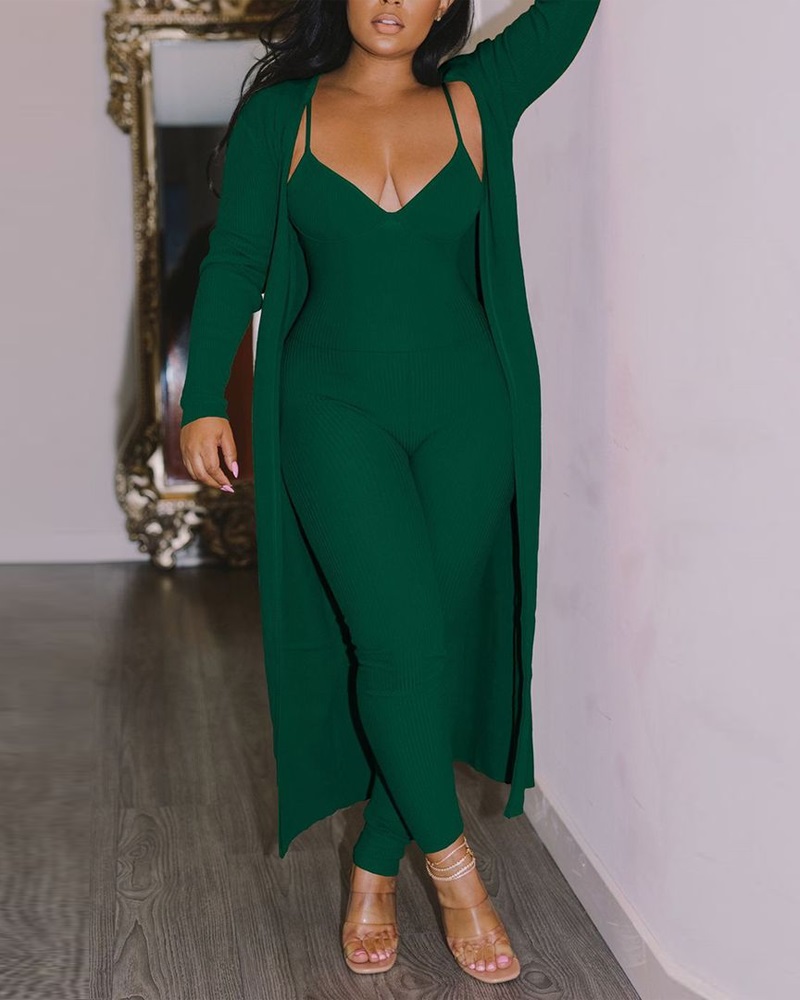 

Spaghetti Strap Ribbed Jumpsuit With Longline Cardigan, Green