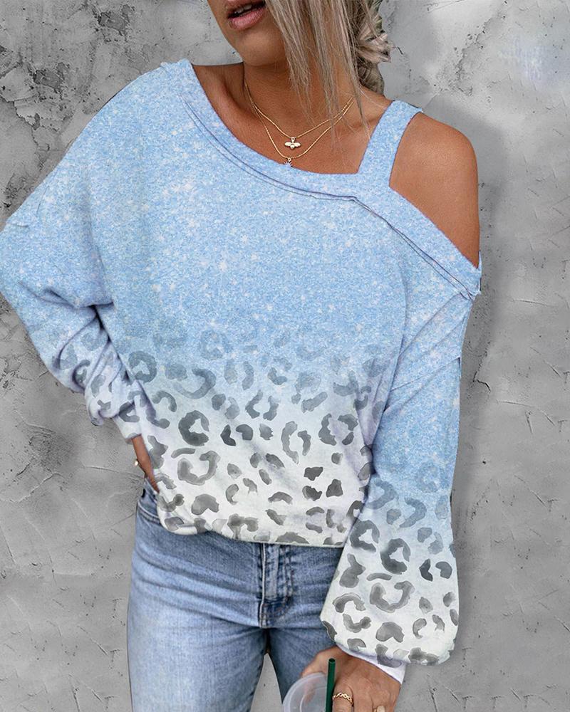 

Leopard Print Ombre Cold Shoulder Sweatshirt, Blue