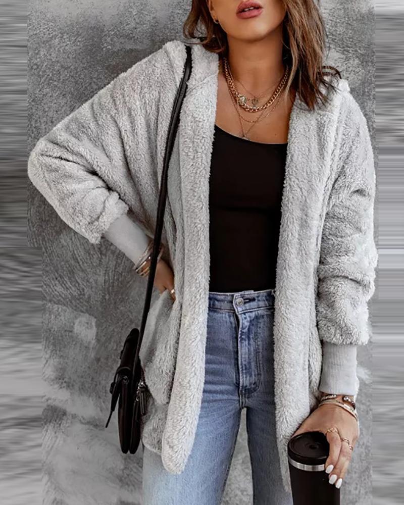 

Fluffy Lantern Sleeve Zip Front Teddy Coat, Gray