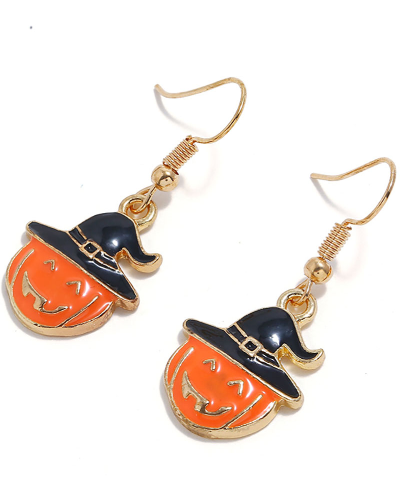 

Halloween Wizard Hat & Pumpkin Pattern Drop Earrings, Yellow