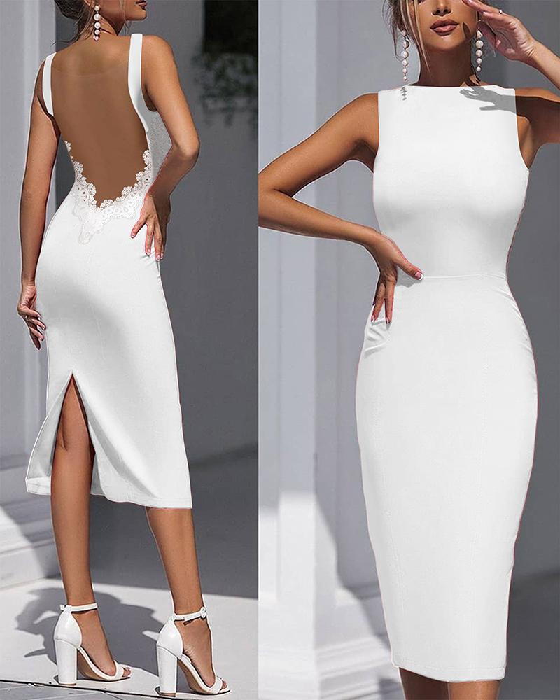 

Solid Open Back Lace Trim Split Bodycon Dress, White