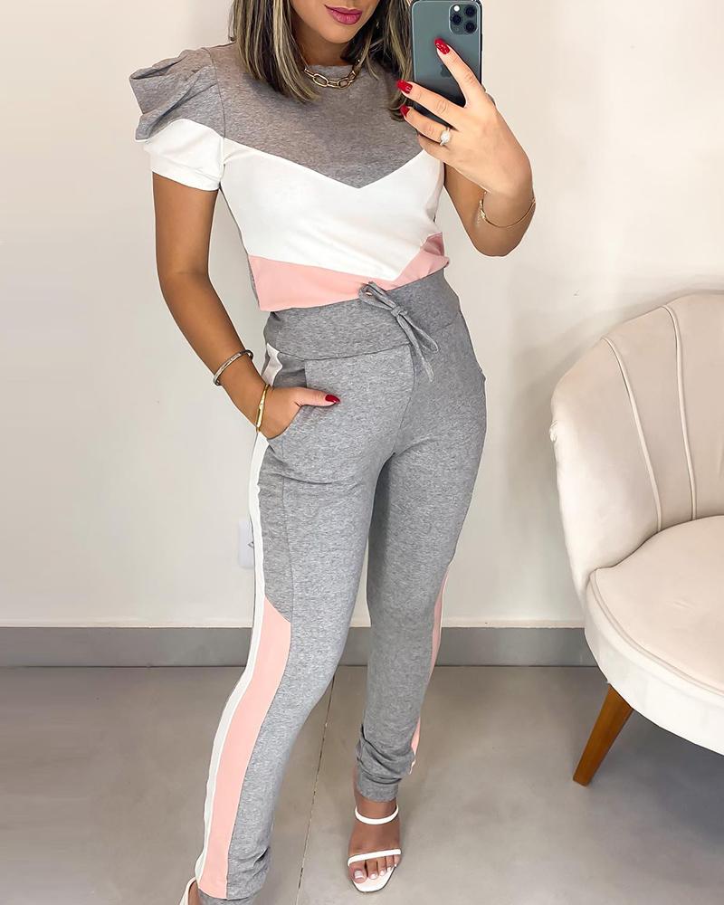 

Colorblock Puff Sleeve Top & Drawstring Pants Set, Gray