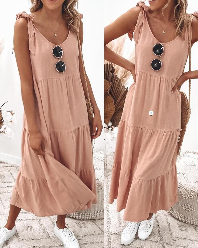 

Tied Detail V-Neck Ruched Casual Maxi Dress, Pink