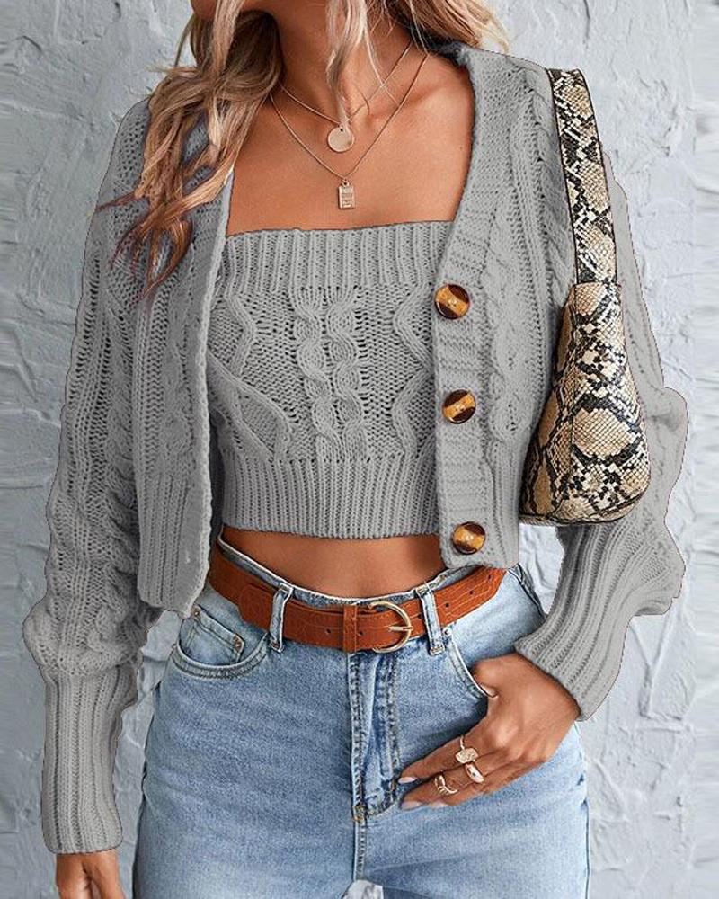 

Long Sleeve Cable Knit Cardigan With Crop Top, Gray