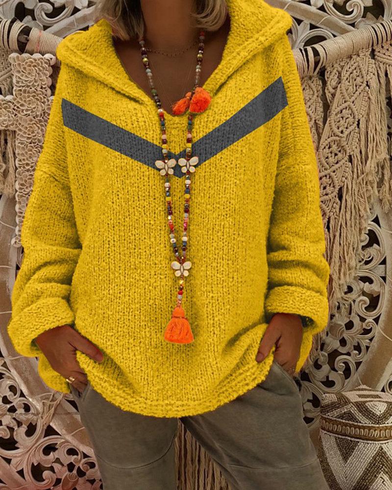 

Chevron Pattern Long Sleeve Hooded Sweater, Yellow