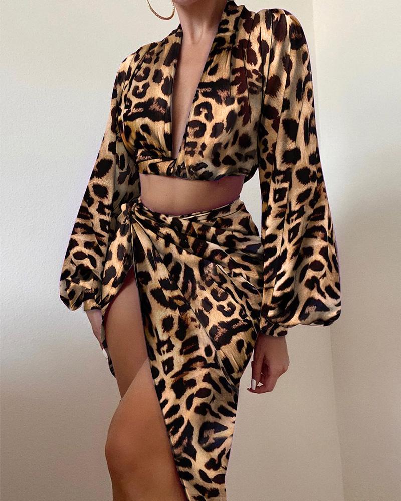 

Leopard Satin Crop Top & Slit Twist Skirt Set