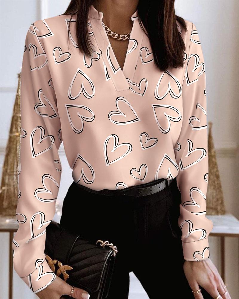 

Valentine' Day Heart Print V-Neck Long Sleeve Top, Pink