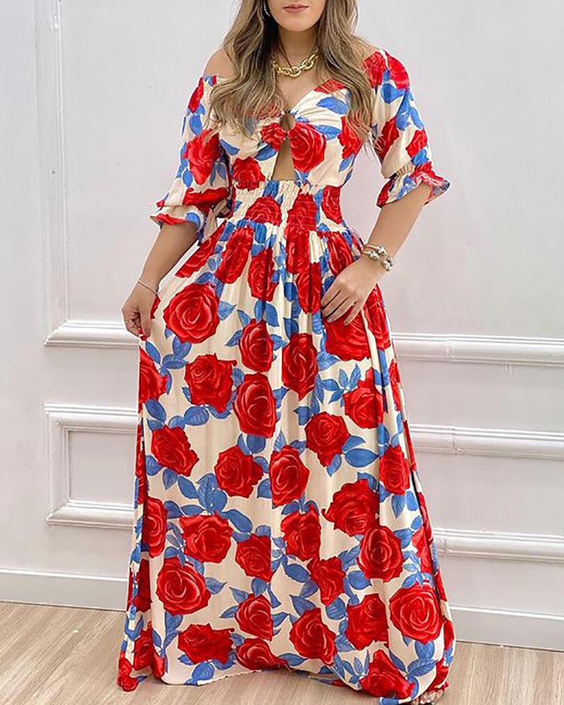 

Floral Print Cutout Half Sleeve Maxi Dress, Red