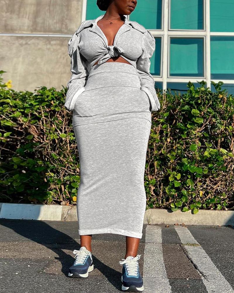 

Puff Sleeve Top & Pocket Design High Waist Skirt Set, Gray