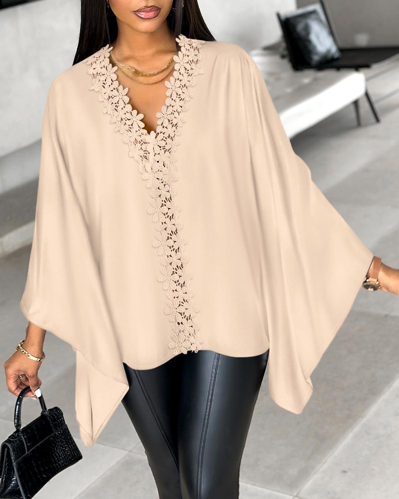 

Guipure Lace V-Neck Batwing Sleeve Top, Apricot