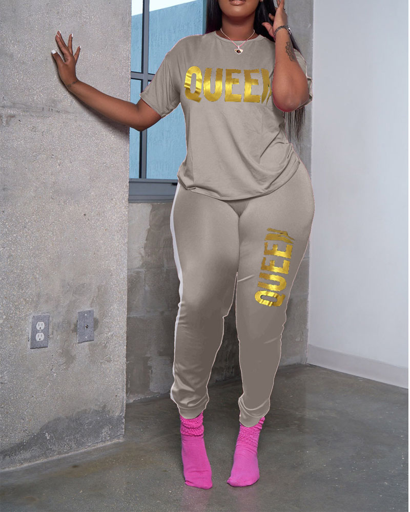

Metallic Letter Casual Top & Pants Set, Gray