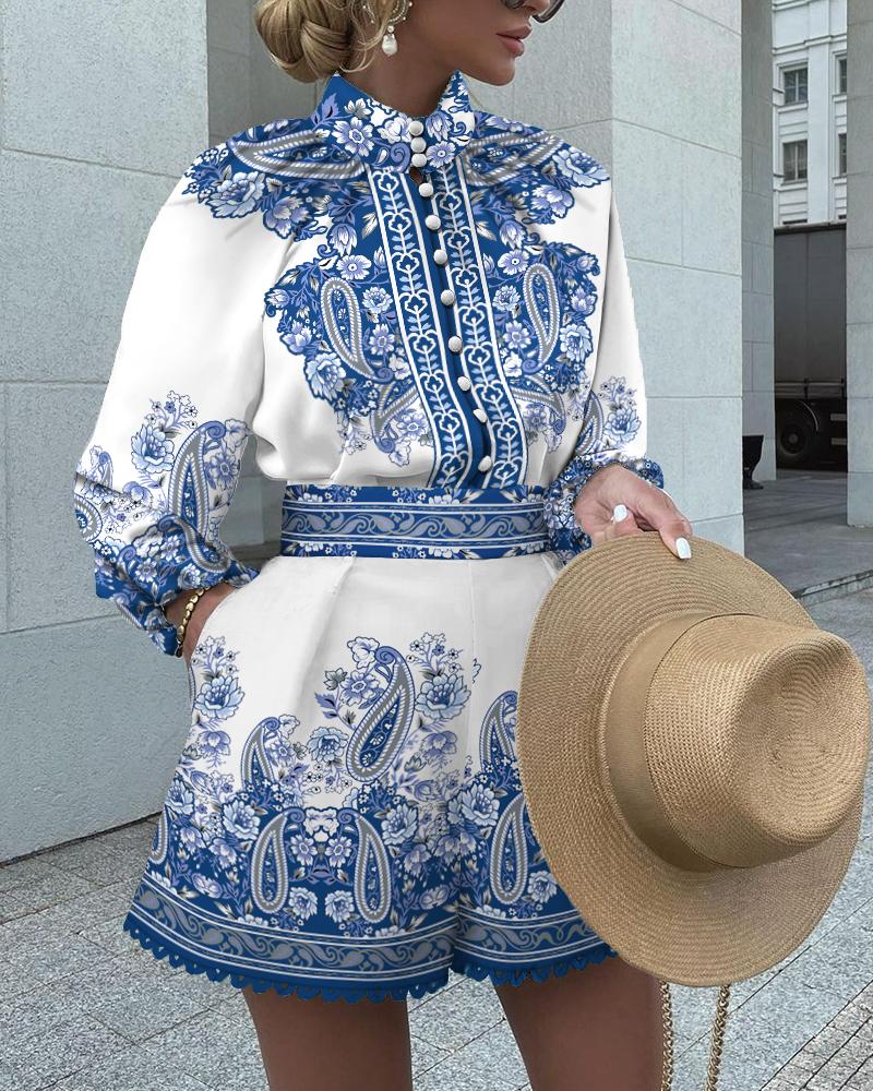

Paisley Print Long Sleeve Top & Shorts Set, Blue