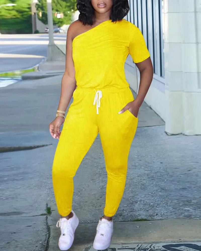 

One Shoulder Pocket Detail Drawstring Jumpsuit, Yellow