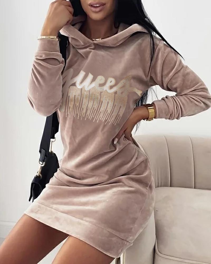 

Rhinestone Letter Pattern Velvet Hooded Sweatshirt Dress, Pink