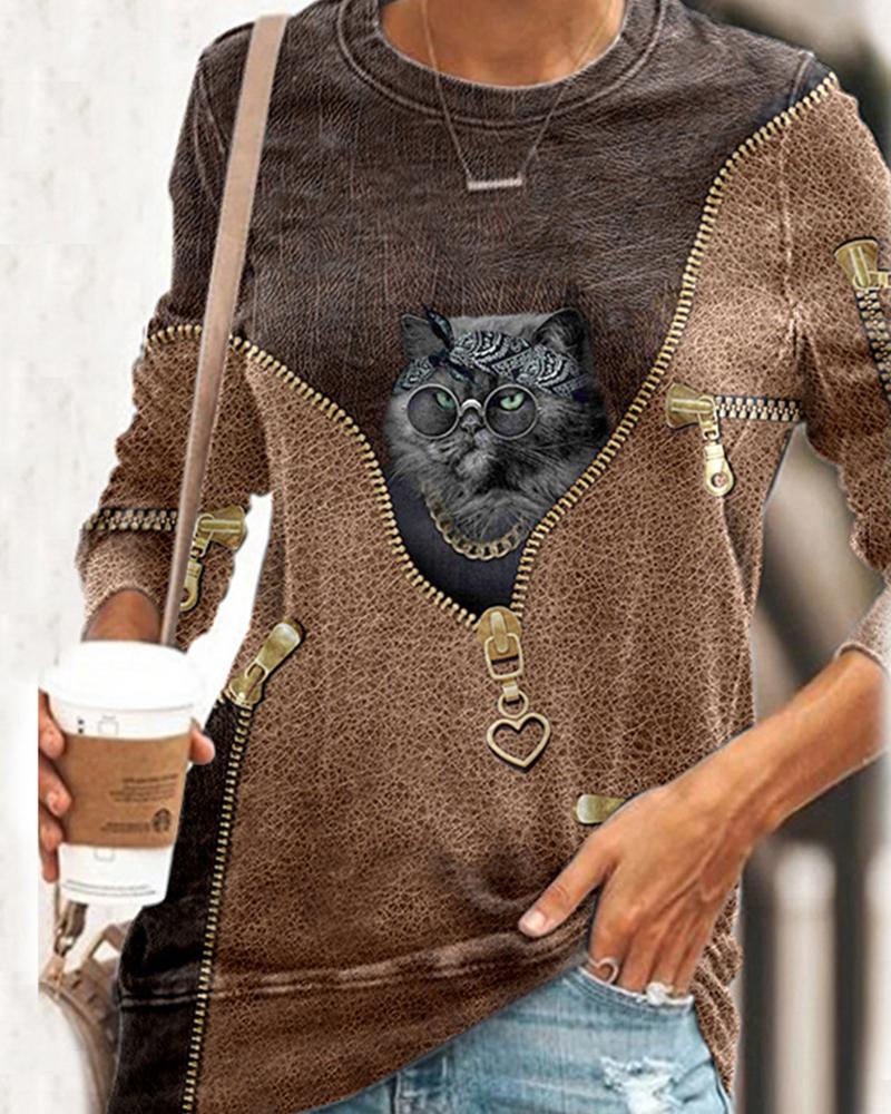 

Cartoon Kitty Zipper Print Long Sleeve Blouse, Coffee