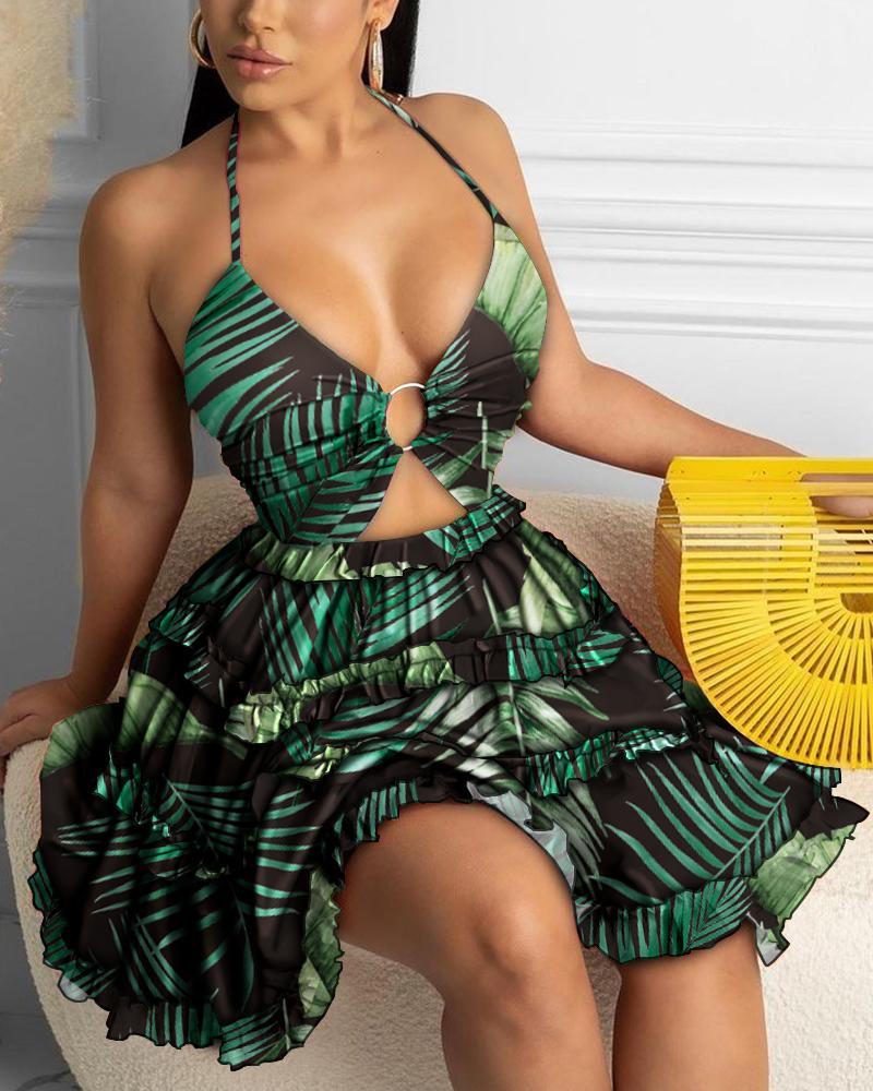 

O-Ring Cutout Halter Frill Hem Tropical Print Dress, Green