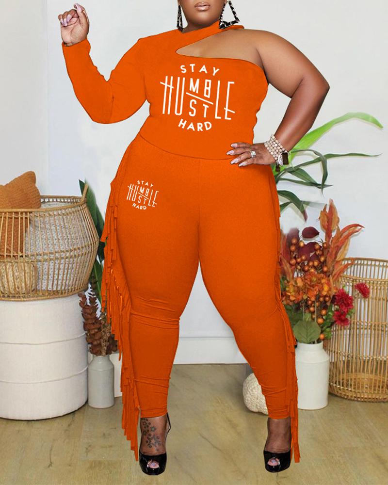 

Plus Size Letter Print Halter Top & Tassel Trim Pants Set, Orange