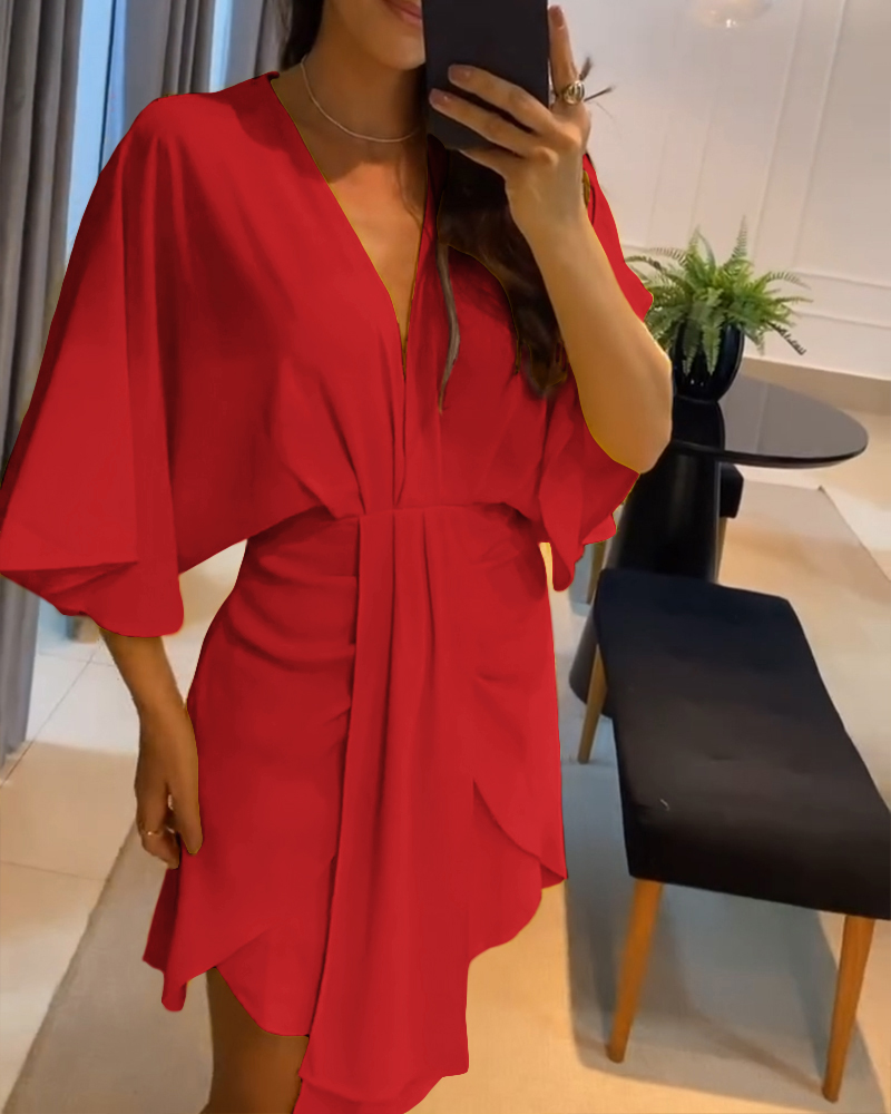 

Plunge Bell Sleeve Asymmetrical Hem Casual Dress Draped Mini Dress, Red