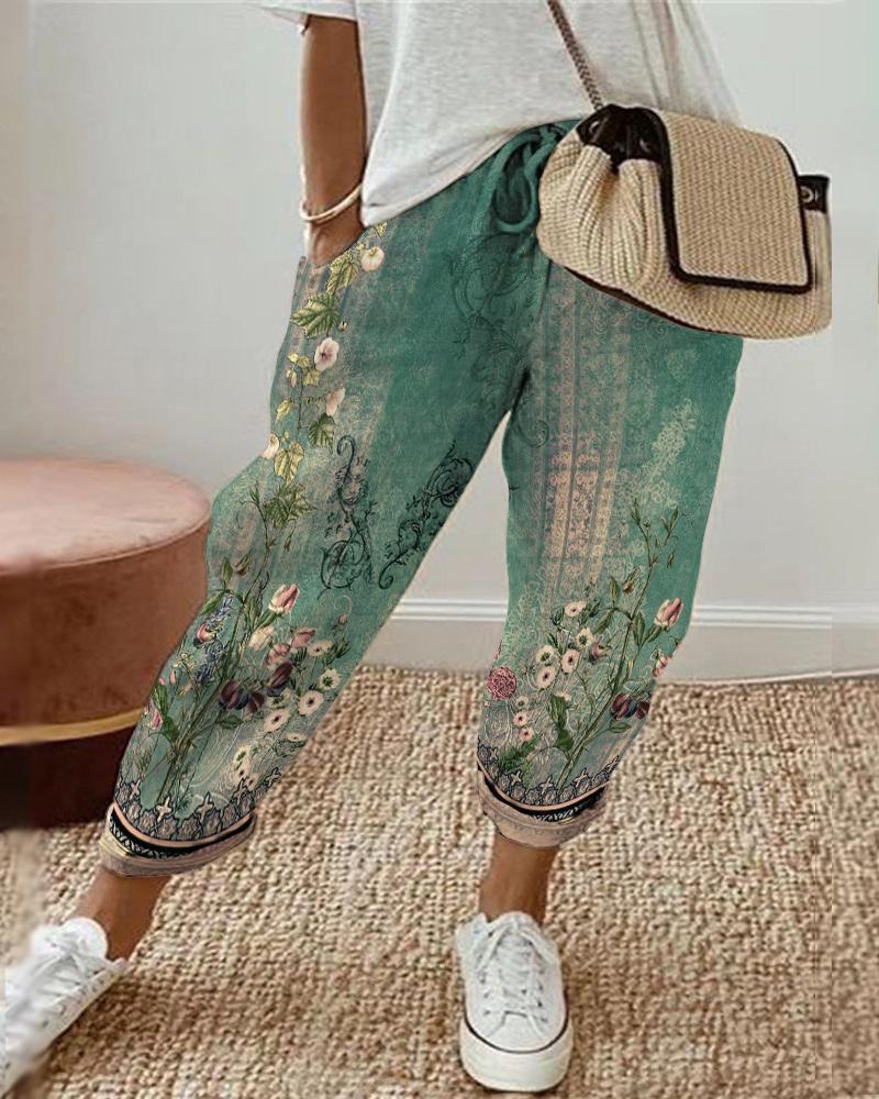 

Floral Tribal Print Drawstring Cuffed Pants, Green