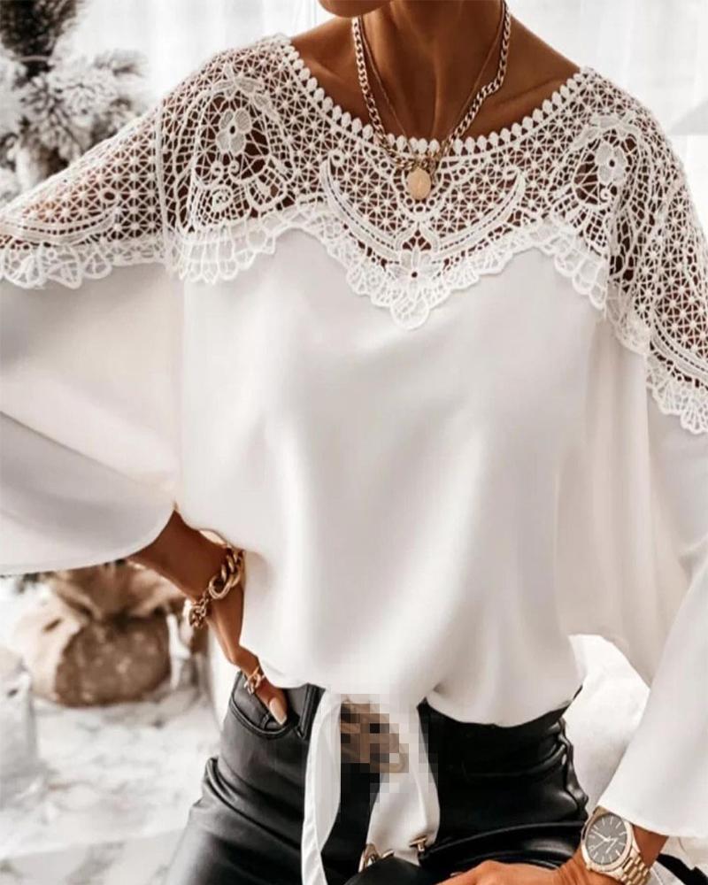 

Solid Color Contrast Lace Blouse, White