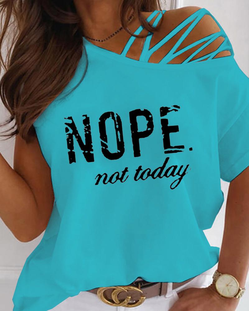 

One Shoulder Lace-Up Letter Print T-shirt, Blue
