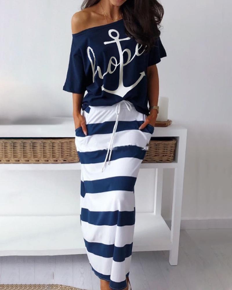 

Boat Anchor Print Top & Striped Skirt Sets, Purplish blue