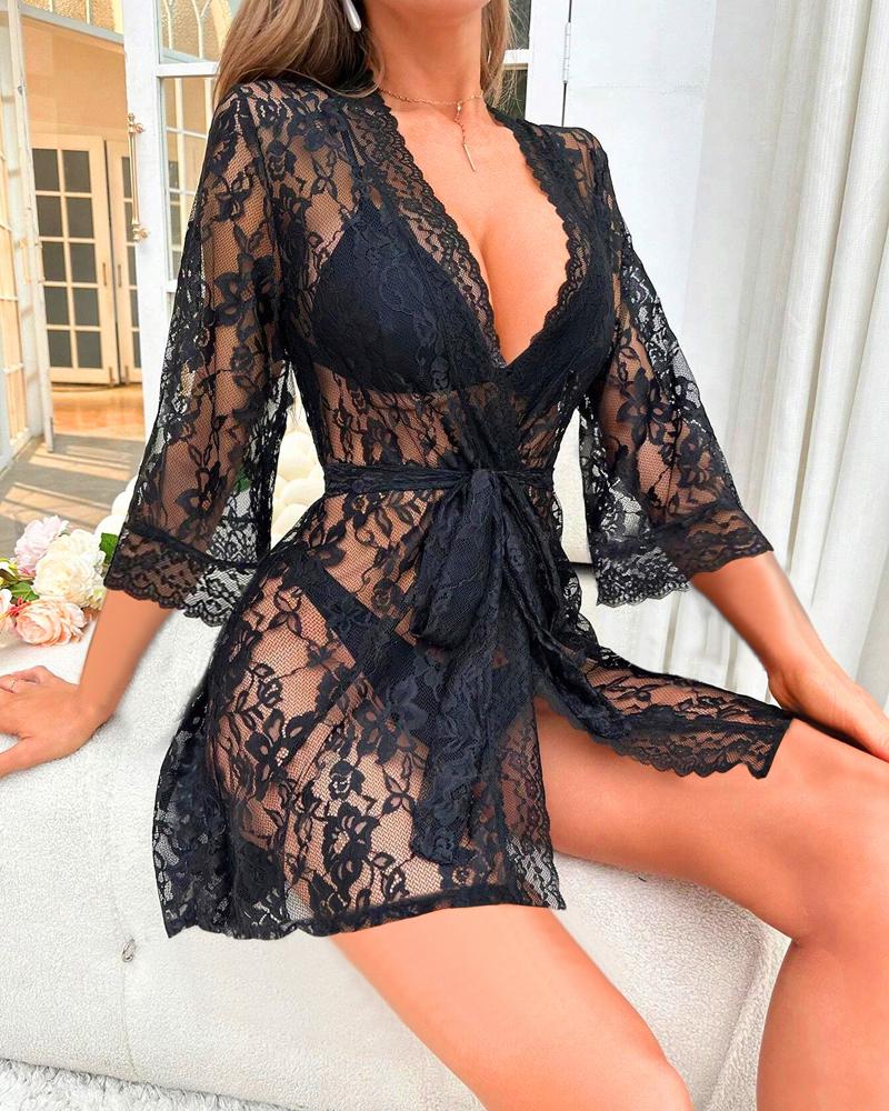 

Crochet Lace Tied Detail Sleep Robe, Black