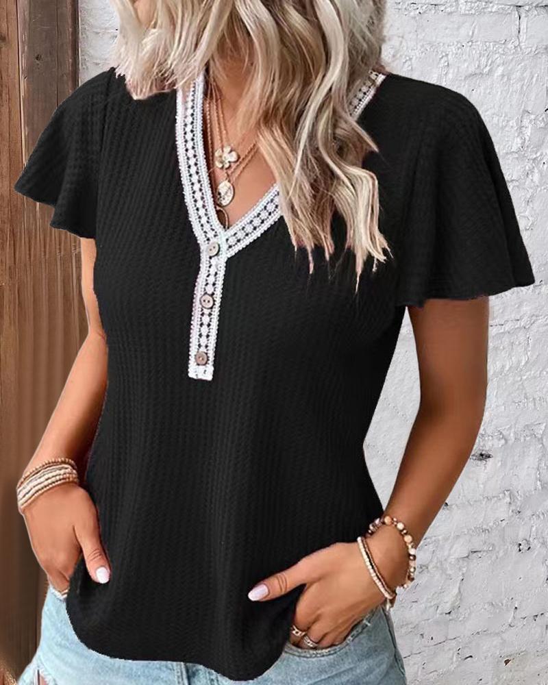 

Contrast Lace Short Sleeve Casual T-shirt, Black