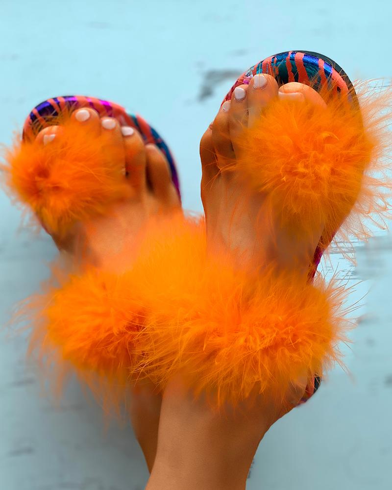 

Feather Detail Toe Post Slide Slippers, Orange