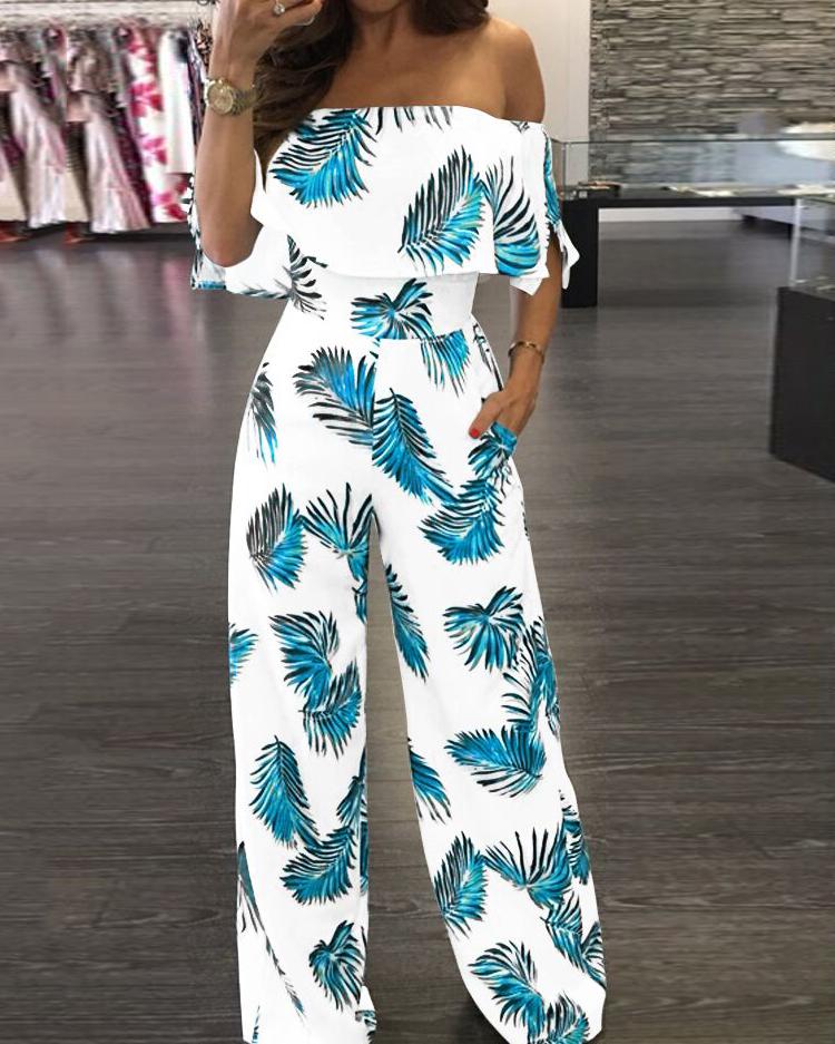 

Fashion Print Frilled Off Shoulder Flared Jumpsuit, Blue