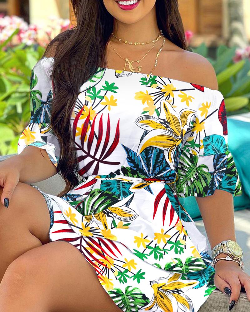 

Off Shoulder Bandeau Floral Print Dress, Multicolor