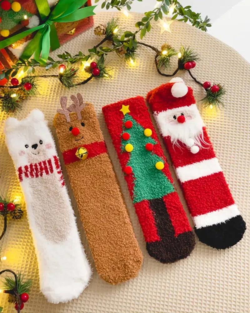 

4Pair Christmas Cartoon Fuzzy Thermal Socks Set, Red