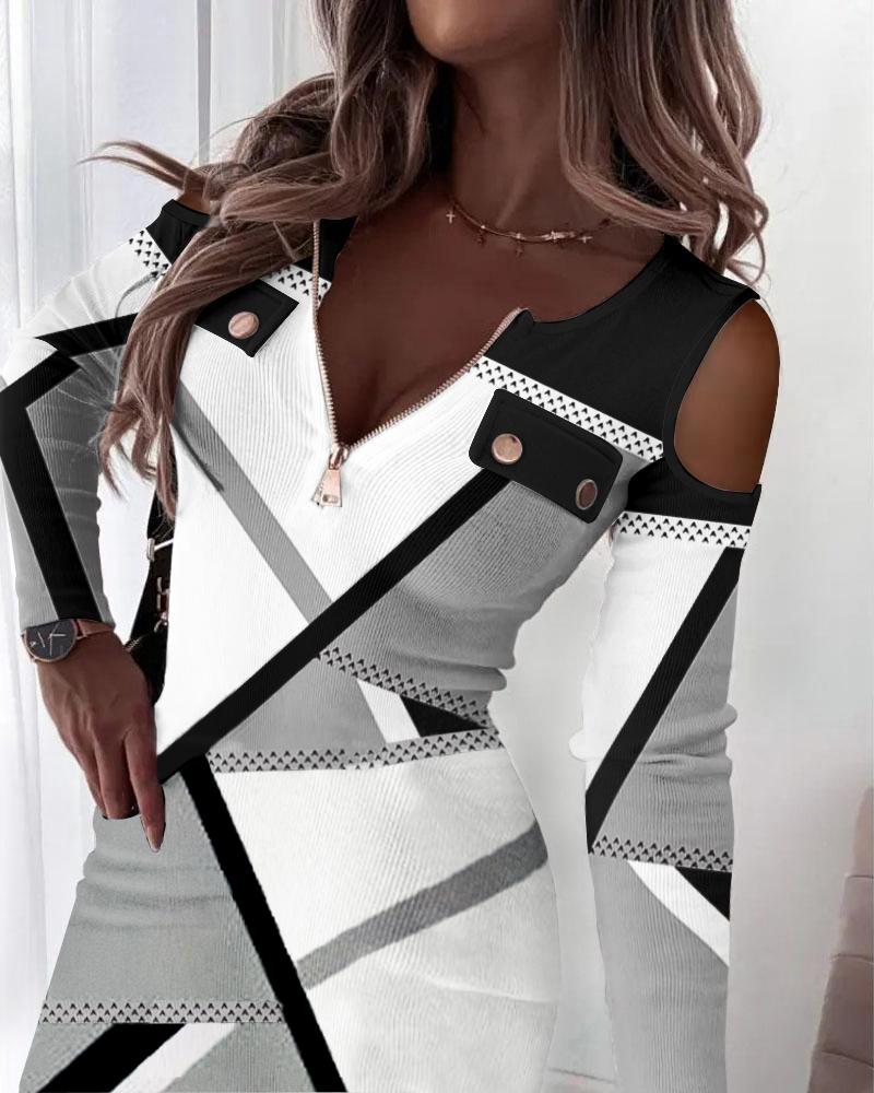 

Geometric Print Cold Shoulder Casual Dress, Gray