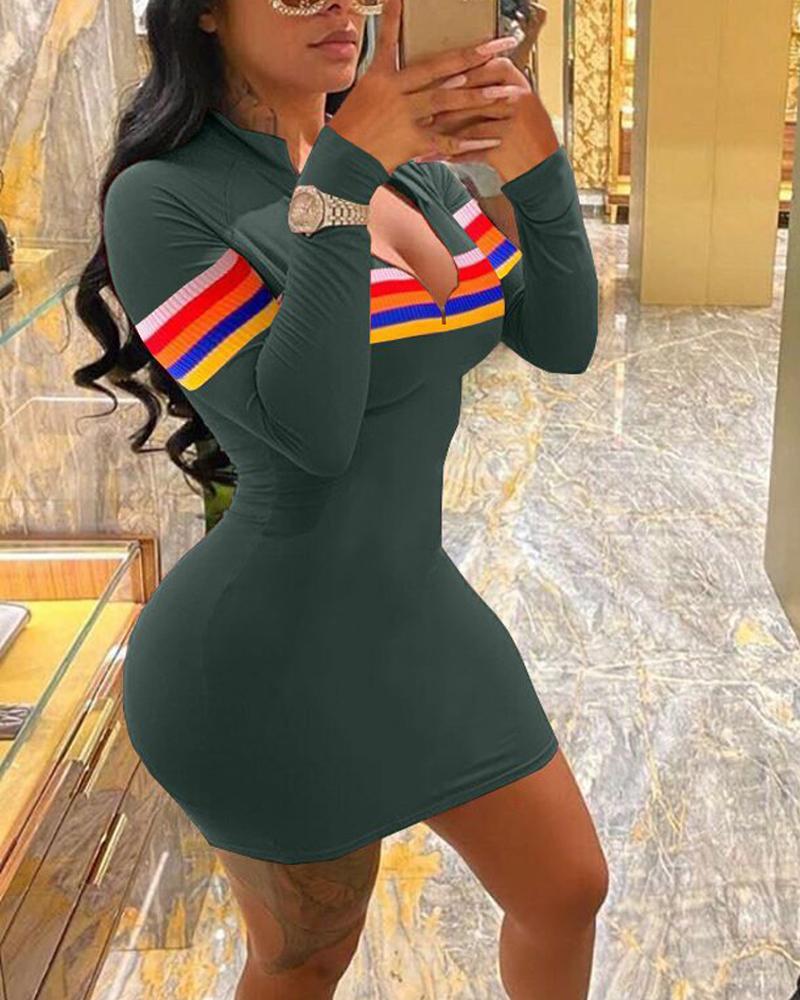 

Contrast Paneled Zip Front Bodycon Dress, Green