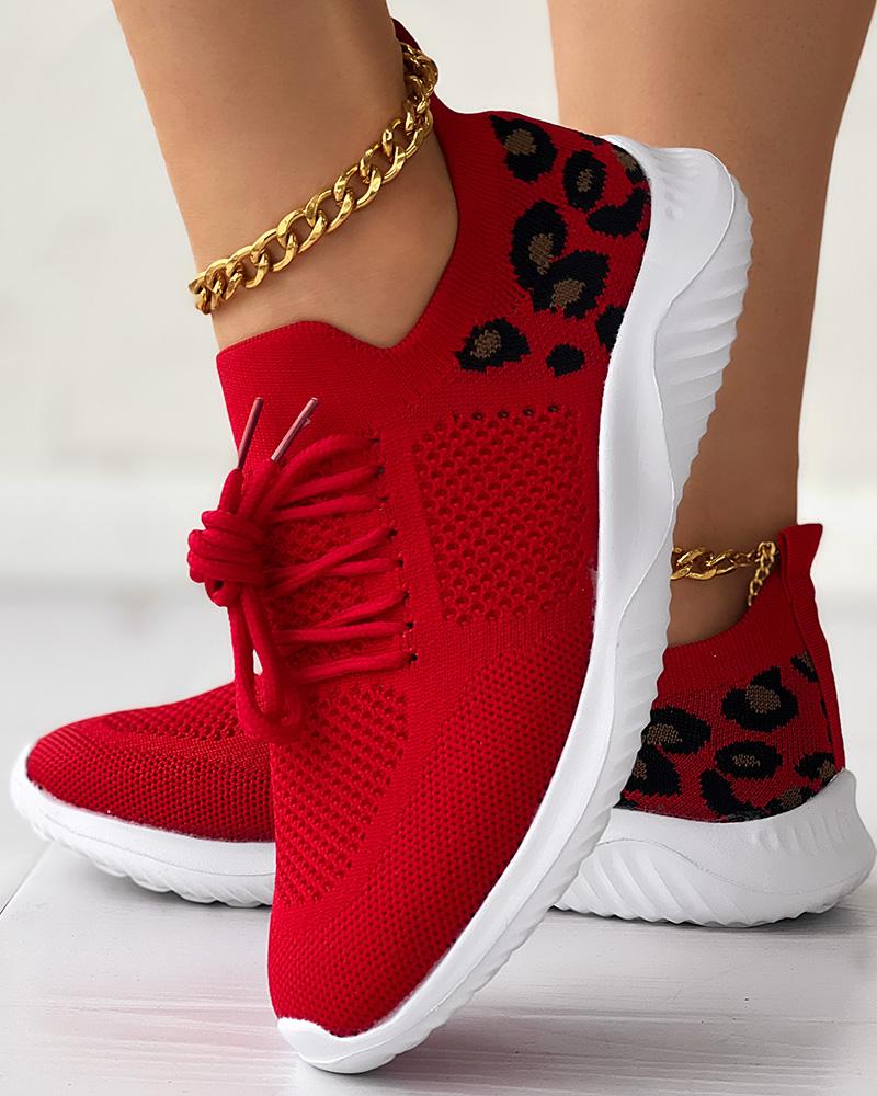 

Leopard Lace-up Breathable Casual Sneakers, Red
