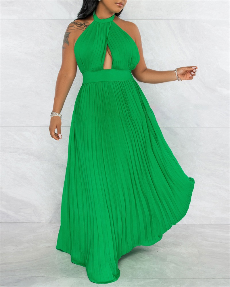 

Halter Backless Pleated Maxi Dress, Green