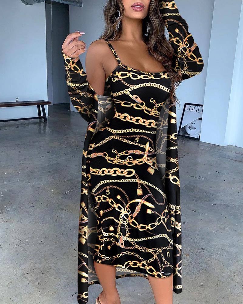 

Plus Size Chain Print Midi Dress With Cardigan, Multicolor