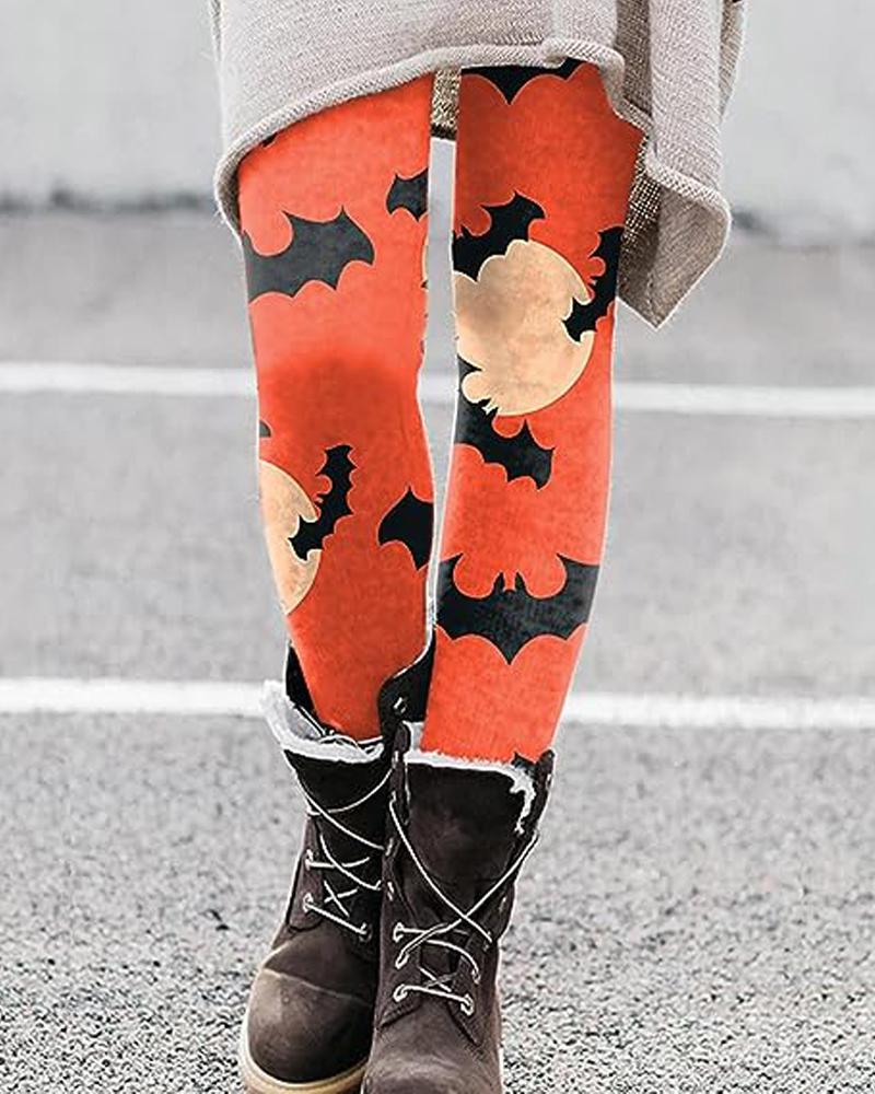 

Halloween Bat Moon Print Skinny Leggings, Orange