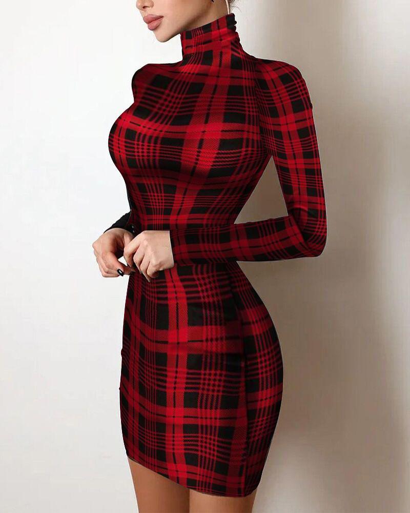 

Plaid Print High Neck Bodycon Dress, Red