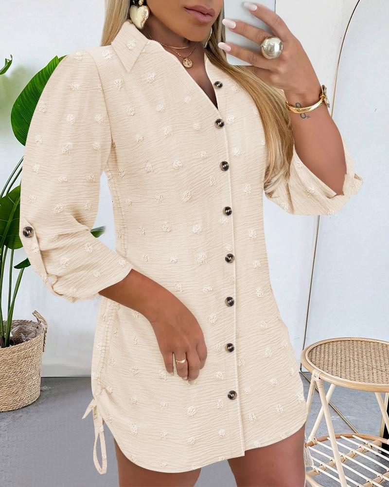 

Robe chemise en mousseline de soie à manches longues et col montant à gros pois suisses, mini-robe décontractée à boutons, Apricot