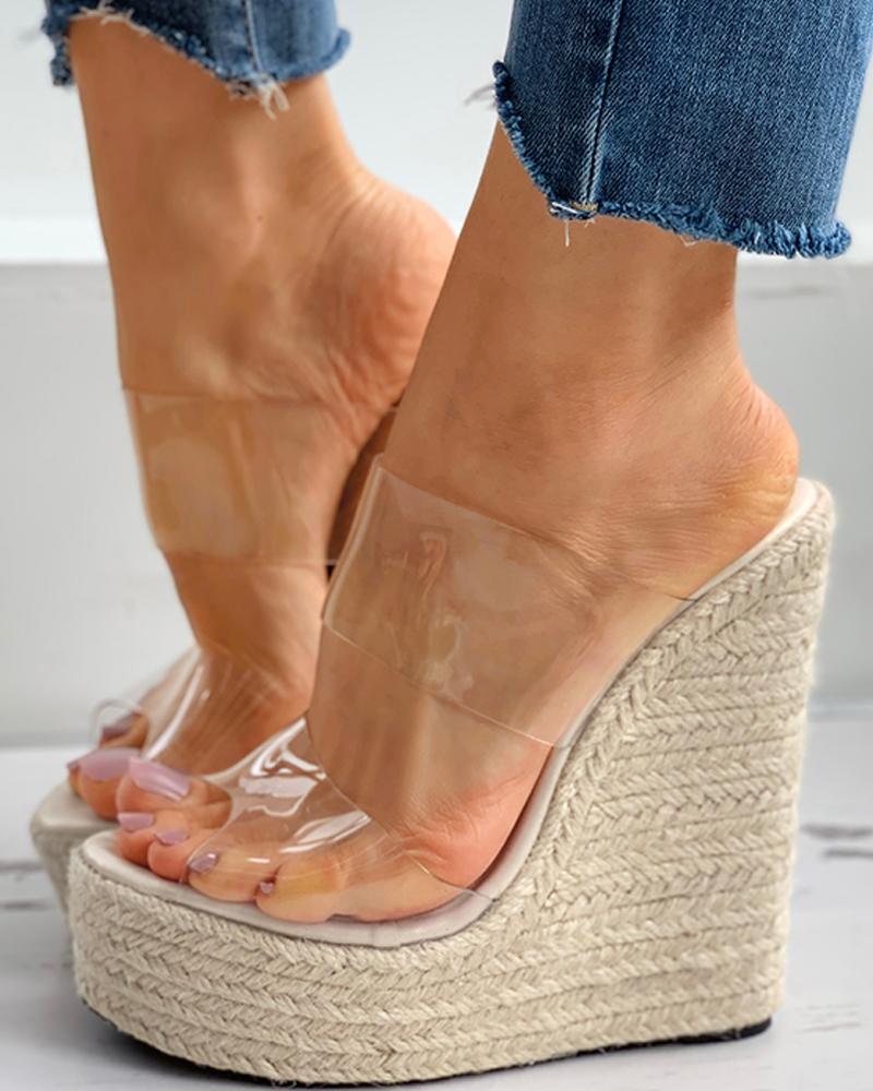 

Woven Flax Clear Perspex Wedge Sandals, Beige