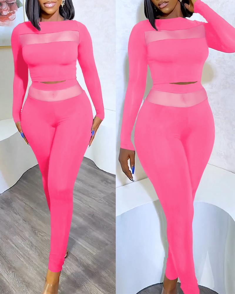 

Sheer Mesh Boat Neck Crop Top & Pants Set, Hot pink