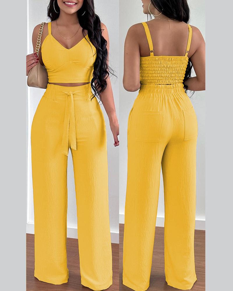 

Shirred Crop Top & Pocket Design Wide Leg Pants Set, Yellow