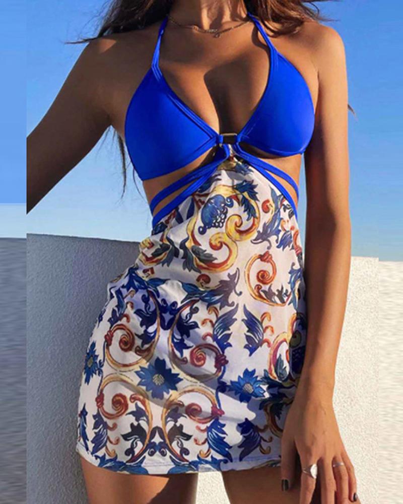 

Leopard Print Cut-out Bikini Swimsuit With Beach Skirt, Blue