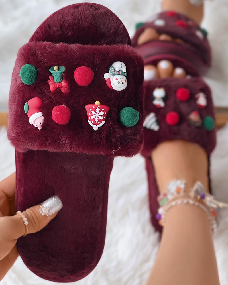 

Christmas Tree Snowman Cartoon Fuzzy Slippers, Wine red