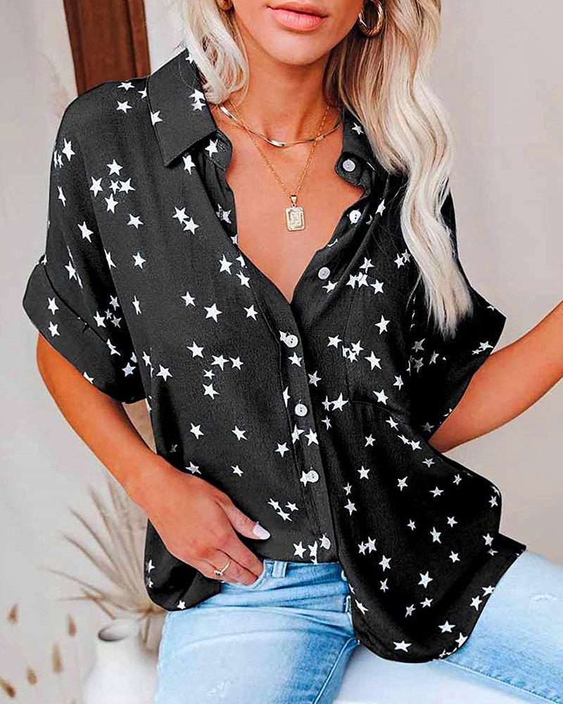 

Buttoned Pocket Design Star Print Short Sleeve Shirt, Black