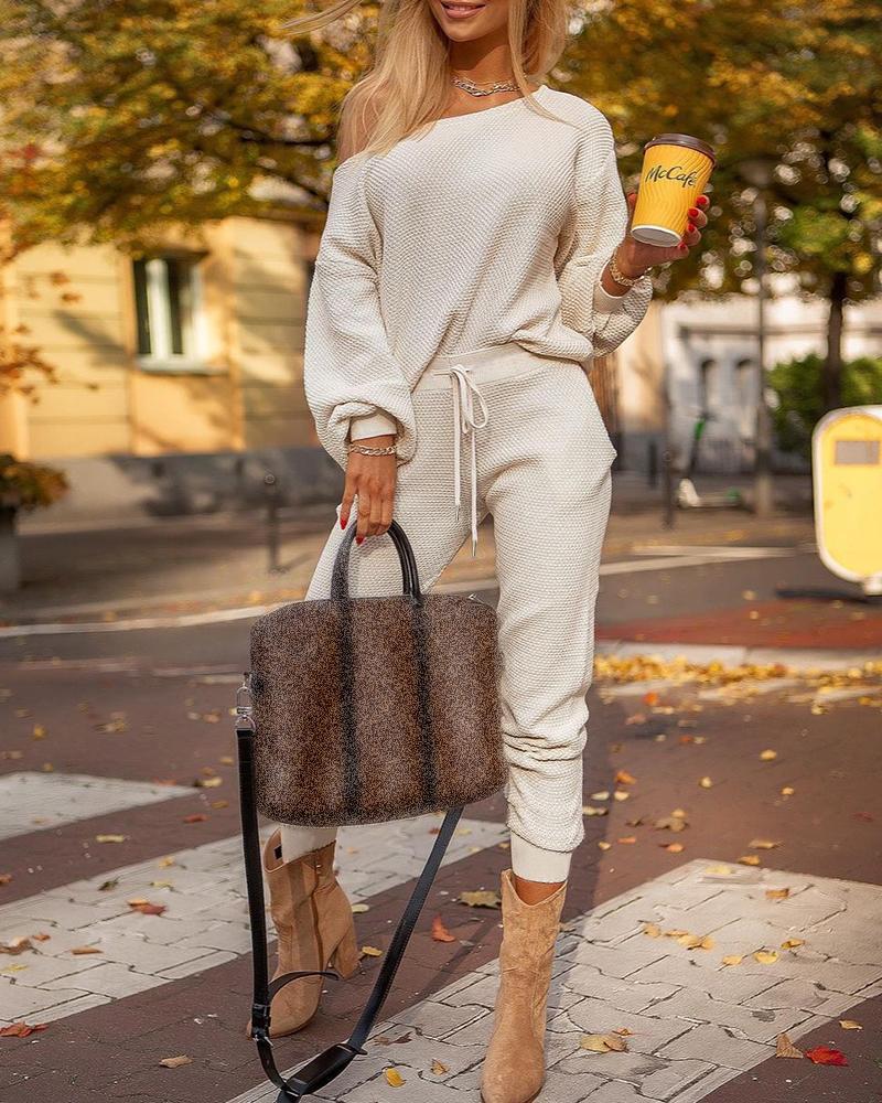 

Plain Lantern Sleeve Top & Drawstring Waist Pants Set, Beige