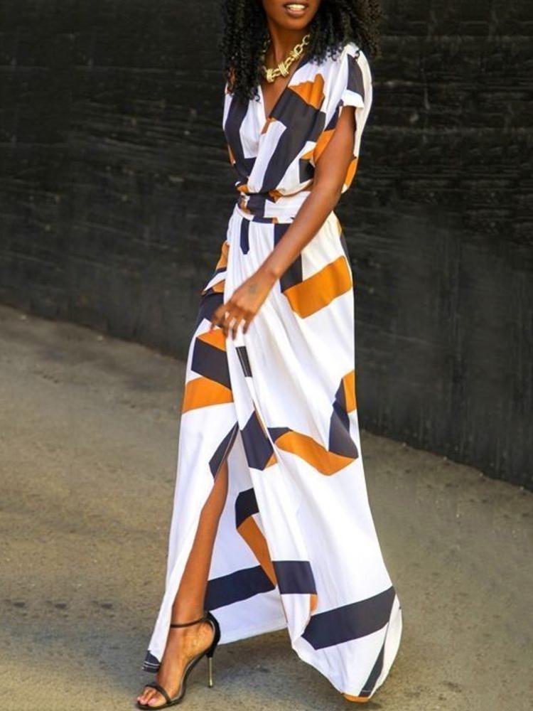 

Stylish Printed Deep V Split Maxi Dress, Orange;white