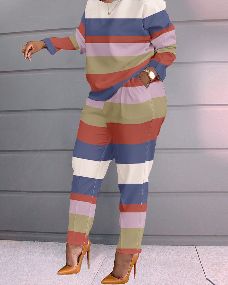 

Plus Size Striped Colorblock Top & Pocket Design Pants Set, Multicolor