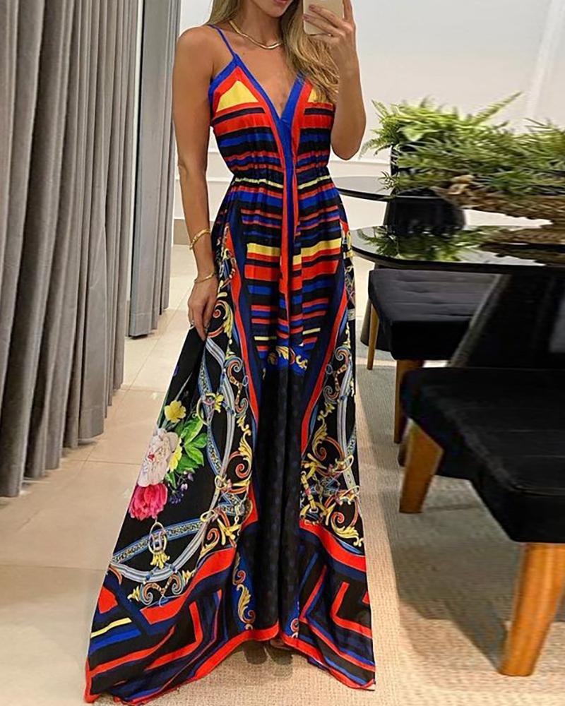 

Striped Scarf Print Backless Maxi Dress, Black